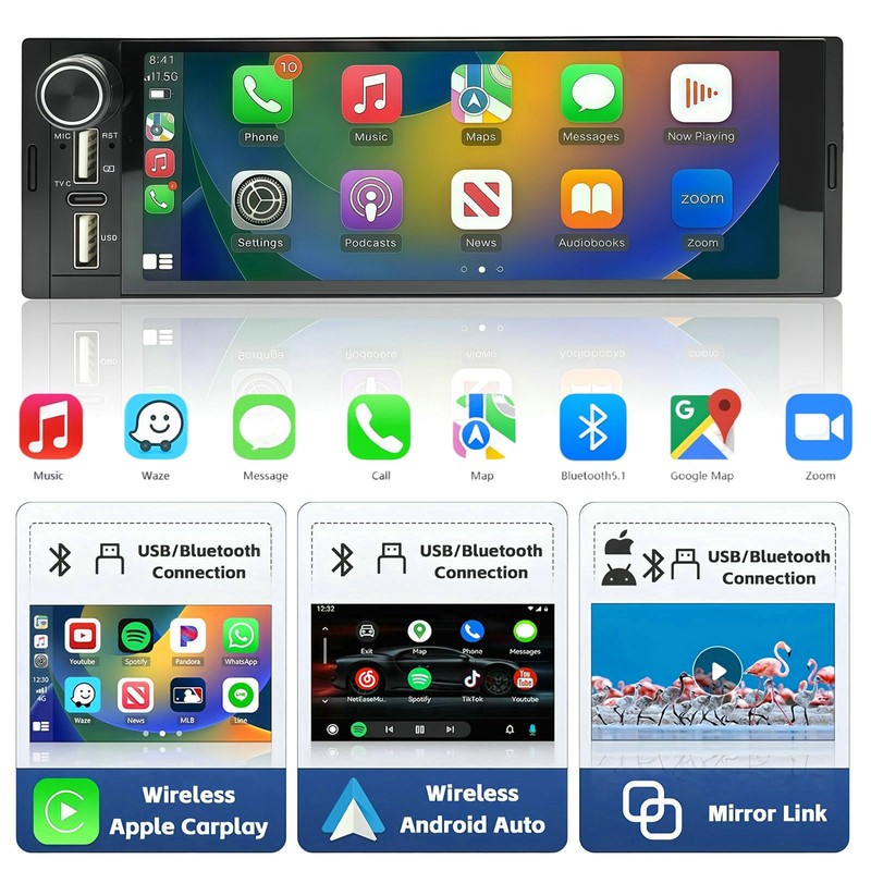 Single Din Car Stereo with Wireless Apple CarPlay Android Auto