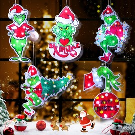 Brightown Christmas Window Lights Decorations, Lighted Christmas Hanging Lights Stole Green Monster Shaped Battery Operated with Suction Cup Hook for Xmas Tree Fireplace Window Indoor Decor