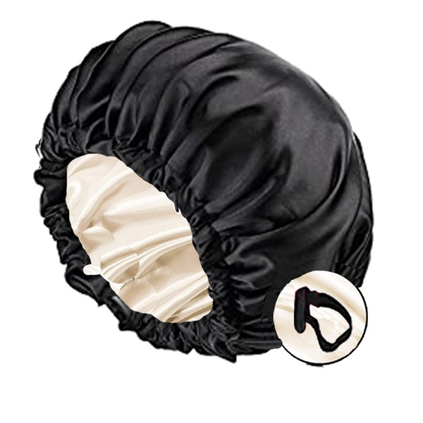 Satin Sleep Cap for Women, 2 Pieces Double Sided Silk Satin Bonnet, Adjustable Satin Hair Cap with Elastic Band for Women, Hair Care, B-black