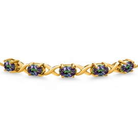 Gem Stone King 18K Yellow Gold Plated Silver Green Mystic Topaz Bracelet For Women (5.00 Cttw, Gemstone November Birthstone, Oval 7X5MM, Fully Adjustable Up to 9 Inches)