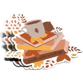 (3Pcs) Autumn Tea and Books Fall Into Reading Sticker Reading Lover Nerd Book Addict Bookish Decal Waterproof Vinyl Stickers Adult for Laptop Kindle Water Bottle Mug Phone Notebook - Size 3”x2.7”