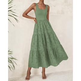 BTFBM Women Summer Eyelet Midi Dresses Casual Spring 2025 Sleeveless A Line Flowy Vacation Beach Wedding Guest Sun Dress(Green, Large)