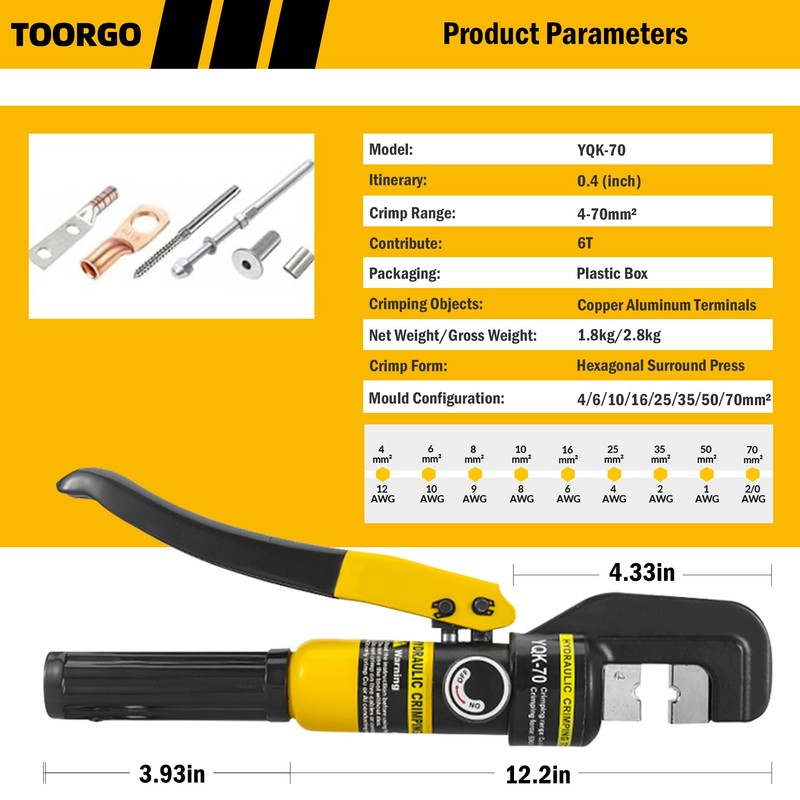 TOORGO 10 Ton Hydraulic Crimping Tool, 12 AWG to 2/0