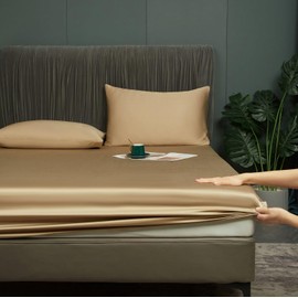 Luofanfei Fitted Sheet 160 x 200 cm, Gold Khaki, for Box Spring Bed, Terry Cloth, Shiny Summer Cooling Bamboo Microfibre Bed Sheet, Plain Fitted Sheets for High Mattress up to 25-30 cm