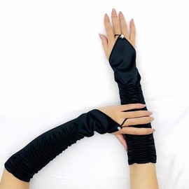 Women's Long Fingerless Satin Gloves, Bridal Elbow Length Gloves, Pleat Satin Stretchy Glove, for Operas, Evening, Weddings, Tea Parties, Balls, Costumes, Role Playing, 1920s Accessories Etc. Black