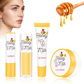 4 Piece Honey Milk Lip Mask Lip Balm Lip Scrub Lip Oil Lip Care Kit | Moisturizing & Nourishing Dry and Cracked Lips, Overnight Sleeping Lip Exfoliator Lip Moisturizer Lip Repair