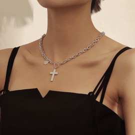 Iaceble Boho White Cross Choker Necklace Faith Cross Pendant Necklace Toggle T Bar Chain Necklace Silver Disc Coin Drop Necklace Jewelry for Women and Girls