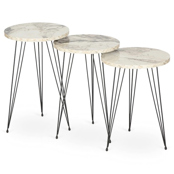 Bravich Set of 3 Side Coffee Tables, Nesting Tables, End Tables, for Living Room, Dining Room, Bedroom, Modern Style, Metal Legs, White Marble Effect Top