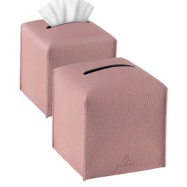 Tissue Box Cover, Jeethemy Square PU Leather Tissue Box Holder, Modern Tissue Case Facial Paper Organizer Dispenser，5X5X5'',Double Pink
