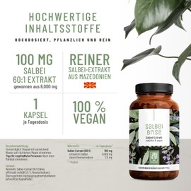 Naturtreu Sage Capsules High Dose - 100 mg Sage Extract (60:1) - 6000 mg per Capsule - Salvia Officinales with 2.5% Rosemary Acid - 120 Sage Extract Capsules Vegan