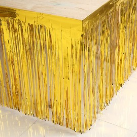 CareCheer 2 Pack 29x108 Inch Metallic Foil Fringe Table Skirt Tinsel Skirting Garland Banner for Parade Floats Trailer Mardi Gras Birthday Baby Shower Wedding Party Decoration (Gold)
