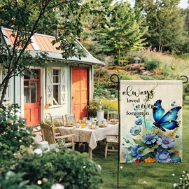 Butterfly Flowers Garden Flag 12.5 x 18 Inch Always Loved Never Forgotten Memorial Garden Flag Double Sided Spring Summer Yard Flags for Outdoor Seasonal Porch Lawn Decor (Blue)