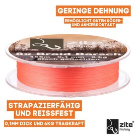 Zite Fishing 8 x Braided Fishing Line - Braided Line 8-Braid Bass Zander Pike Fishing - Round Braided 155m Orange (Bass, 0.10mm - Load Capacity 6.0kg)