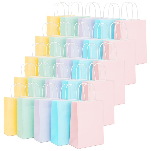 Juvale 25 Pack Pastel Gift Bags with Handles, Paper Party Favor Bags, Color Paper Bags for Baby Shower, Goodies, Birthdays, 5 Colors - 6.3x3.2x8.7 inch