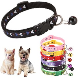 Cat Collar with Bell,Love Pattern Cat Collar Girl Cute Fancy Boys Puppy Collar with Bells for XXS XS Tiny Little Kitten Pet (Black, Neck7-12)