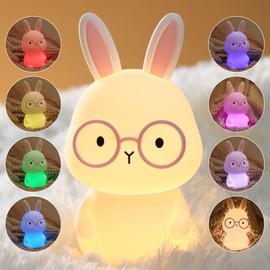 Bunny Nursery Night Light for Kids, 7-Color RGB Mode, 3-Level Brightness Warm Light Mode, Touch Control, 30Min Auto-Off Timer, Rechargeable Type-C, BPA-Free & Food-Grade Silicone, Easter Gift, White