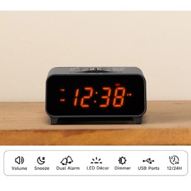 Small Digital Alarm Clocks, Dual Alarms with 4 Alarm Week Modes, Snooze, USB Charger, Auto & Manual Dimmer,12/24Hr,Night Light and Orange LED Display Clock for Bedrooms iTOMA 213