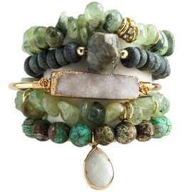 Yomisa Boho Beaded Bracelets for Women,5PCS Healing Natural Labradorite Jasper Stone Bead Bracelets Multilayer Wrap Stackable Friendship Stretch Beaded Bracelets Set Trendy Bohemian Jewelry Gift