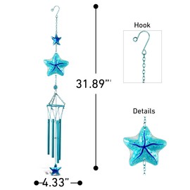 CoTa Global Blue Starfish Sea Glass Hanging Wind Chime 31.89 Inch, Nautical Star Fish Glass Windchime Outdoor Decor for a Harmonic Porch, Patio & Garden, Unique Beach Indoor Wind Chime Window Mobile