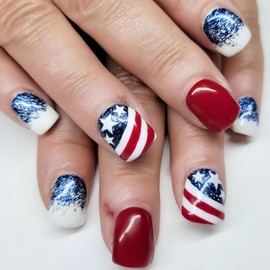 4th of July Press on Nails Short Square SWEKKE Patriotic Fake Nails False Nails with American Flag Designs White Blue Red Glossy Glue on Nails Acrylic Nails for Women Girls 24Pcs