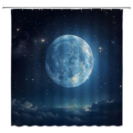 ABONAN Moon Shower Curtain Star Starry Fantasy Night Sky Full Moon Celestial Cloud Celestial Galaxy Dark Blue Navy Gothic Fabric Bathroom Decor Set with Hooks(70" WX70 H)