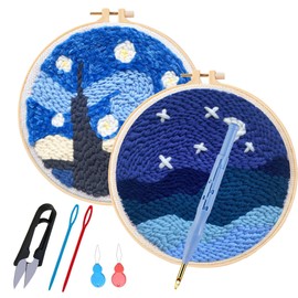 Allazone Punch Needle Beginner Embroidery Set DIY Punch Needle Craft Embroidery Pattern with Adjustable Punch Needle for Craft Stitching (Moonlight & Lake)