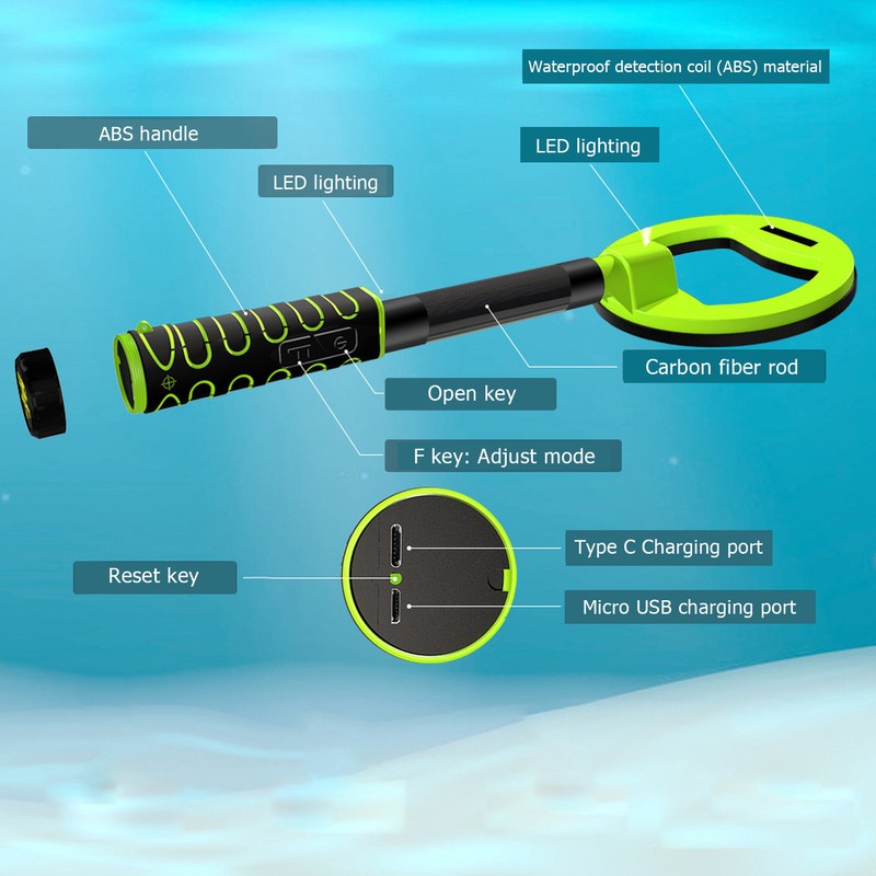 Underwater Metal Detector IP68 Waterproof 30m‑60m Handheld ABS Housing Gold