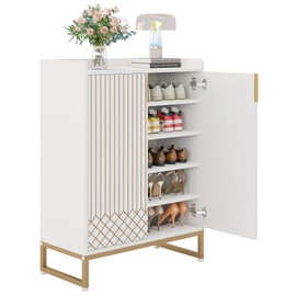 LITTLE TREE Modern White Shoe Cabinet with Doors for Up to 25 Pairs, 5-Tier Wood Shoes Rack Organizer for Entryway Bedroom Hallway Living Room