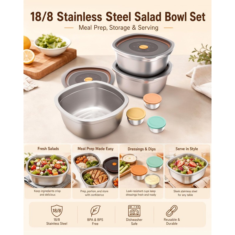 Miradexic 3-Pack Stainless Steel Salad Bowls to Go for Lunch,