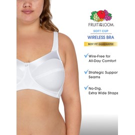 Fruit of the Loom Women's Seamed Soft Cup Wirefree Cotton Bra with Satin Trim, Sand/White, 36C