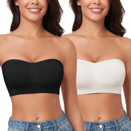 WOWENY 2 Pack Women's Strapless Bra Non-Slip Silicone Wireless Bandeau Bras with Support Seamless Padded Bralette Tube Top Bra Black+White M