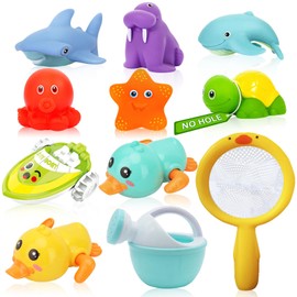 No Hole Bath Toys for Babies 0-6-12 Months+, Wind-up Swimming Ducks & Boat Bath Toys for Kids Ages 1-3, Baby Pool Toys Fishing Net Water Toys Watering Can, Toddler Bath Toys for 1+ Year Old Boy Girl