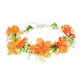 Accesyes Hawaii Hydrangea Headband Boho Green Leaves Floral Woodland Headpiece Flower Hair Wreath for Women Garland with Ribbon Wedding Party Festival Photo Prop (Orange, One size)