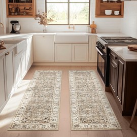 jinchan Runner Rug 2x6-2pcs Kitchen Washable Vintage Hallway Rug Floral Print Floor Cover Indoor Thin Retro Mat Accent Bathroom Laundry Room Bedroom Office Farmhouse (Double,Taupe)
