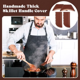 Baderke 4 Pcs Leather Cast Iron Handle Cover Handmade Leather Heat Resistant Skillet Handle Set Pot Holder for Hot Frying Pans, Pots(Dark Brown)