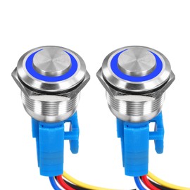 DMiotech 2 Pack 7/8 Inch Stainless Steel Momentary Push Button Switch Domed Head 5A 110-220V Silver Shell with Cable Socket Blue LED 1NO1NC for Car Boat Systems Custom Setups