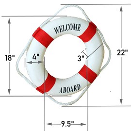 MorroMorn Lifebuoy Wall Hanging Decor - Welcome Aboard Mediterranean Style Home Decoration (Red, 18")