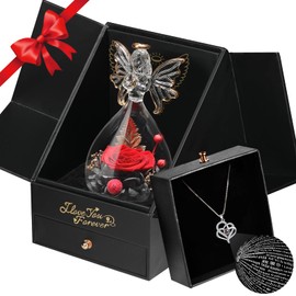 Valentines Day Gifts for Her-Preserved Flower Real Rose with I Love You Necklace 100 Languages-Glass Angel Valentines Decor-Birthday Gifts for Women-Romantic Gifts for Wife Girlfriend Mom Grandma