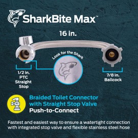 SharkBite Max 16 In. Stainless Steel Braided Toilet Connector with Straight Stop Valve, 1/2 Inch PTC x 7/8 Inch Ballcock, PEX Pipe, Copper, CPVC, PE-RT, HDPE, UR24686