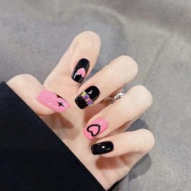 DOUBNINE Press on Nails Medium Square Black Pink Heart Y2K Rhinestone Fake Nails Gradient False Nails Full Cover Finger Valentine's Day Daily Wear for Women