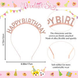 Birthday Headband for Women, Rhinestone Tiara with Sash, Glitter Birthday Sash Girl Accessories, Girl Tiara Accessories (Gold, Rose Gold, Pink)