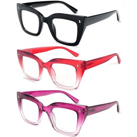 REAVEE 3 Pack Oversized Reading Glasses for Women, Blue Light Blocking Readers Stylish Large Frame Extra Wide Thick Eyewear, Black/Red/Purple 0.0