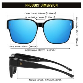 DUCO Polarized Fit Over Sunglasses for Men and Women, Trendy Square Glasses, Oversized Protection Wear Over Glasses DC8985 (Black Frame Revo Blue Lens)