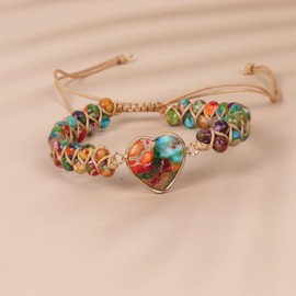 IMINI 7 Chakra Healing Bracelet - Natural Stone Heart Wrap Jewellery for Women, Adjustable Genuine Leather Beaded Bracelet, Boho Health Balance Gift for Her (16cm+5cm, Emperor Jasper)