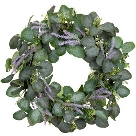 Arborus Artificial Greenery Wreath 16in Eucalyptus Door Wreath with Lavender Spring Summer All Season Eucalyptus Floral Hanging Wreaths for Home Wall Window Fireplace Farmhouse Decor