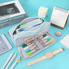 iSuperb 3 Compartments Pencil Case Pouch Big Capacity Pencil Holder Oxford Stationery Storage Cosmetic Makeup Bag for Women (Light Green-)