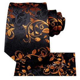 Hi-Tie Ties for Men Silk Men Tie Sets Necktie Pocket Square Cufflinks Wedding Business Formal Party,black orange flower
