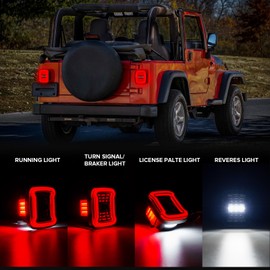 HTZCMOTO LED Taillights Compatible with 1987-2006 Wrangler TJ YJ, Multifunction Rear License Plate/Running/Brake/Turn Signal/Reverse Light Kit, with 4-Pin EP26 LED Flash Relay and Adapter, Smoked Len