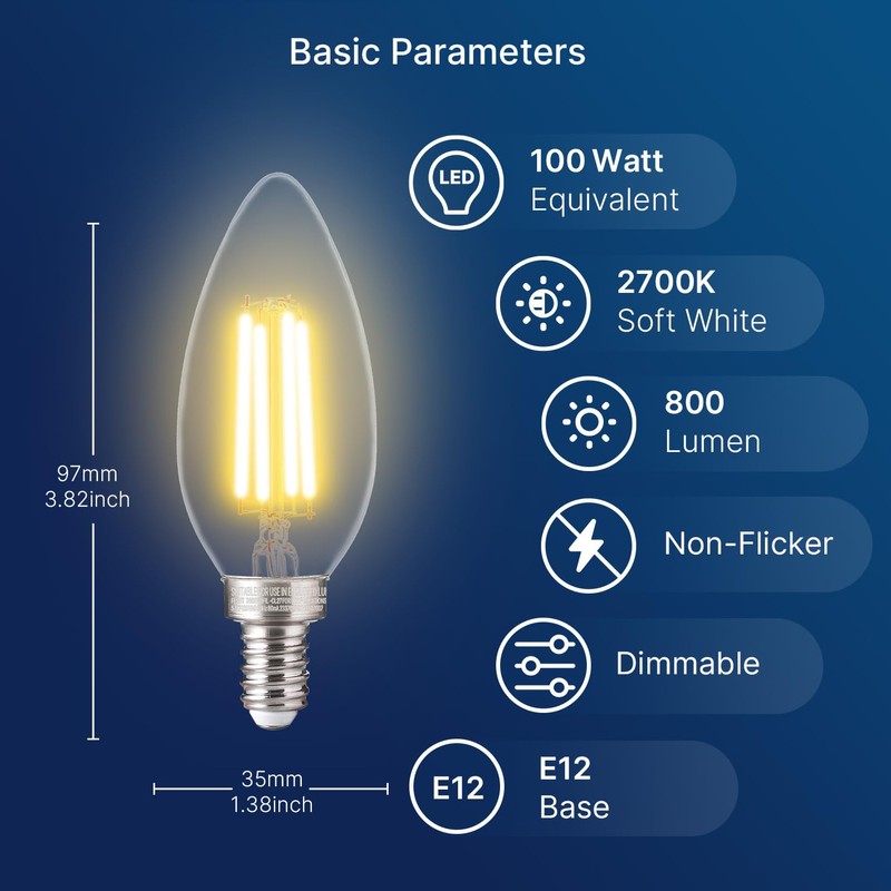 FLSNT 100W Equivalent LED Candelabra Bulbs, 800LM Dimmable B11 E12