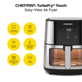 CHEFMAN Easy-View Air Fryer – 8 Qt Family Size with Viewing Window, One-Touch Digital Control with 4 Presets, Nonstick & Dishwasher Safe, Broil, Roast, Dehydrate, Bake, Auto-Shutoff, Stainless Steel